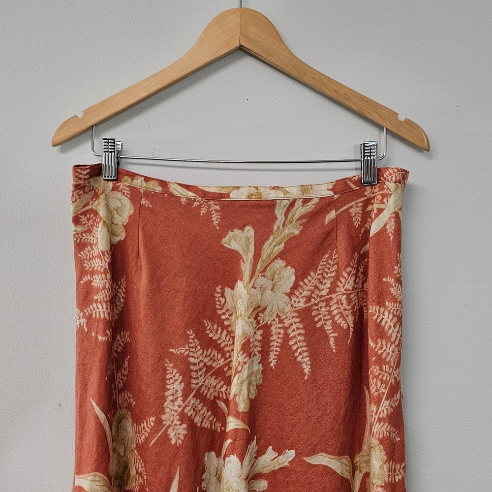 Vtg Liz Claiborne Linen Midi Skirt 16 Burnt Orange Cream Floral Earthy Boho Fall - Picture 9 of 10